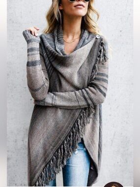 Women's Fringe Knit Poncho Sweater with cowl neckline
